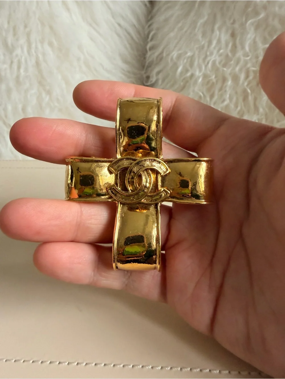 chanel Gold Tone Cross Brooch with Interlocking CC Logo